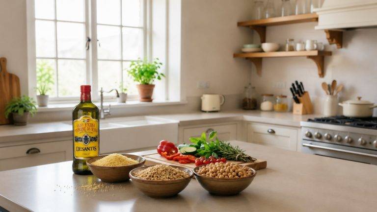 Cucina estiva antispreco con pane, pomodori, verdure e olio extravergine di oliva.