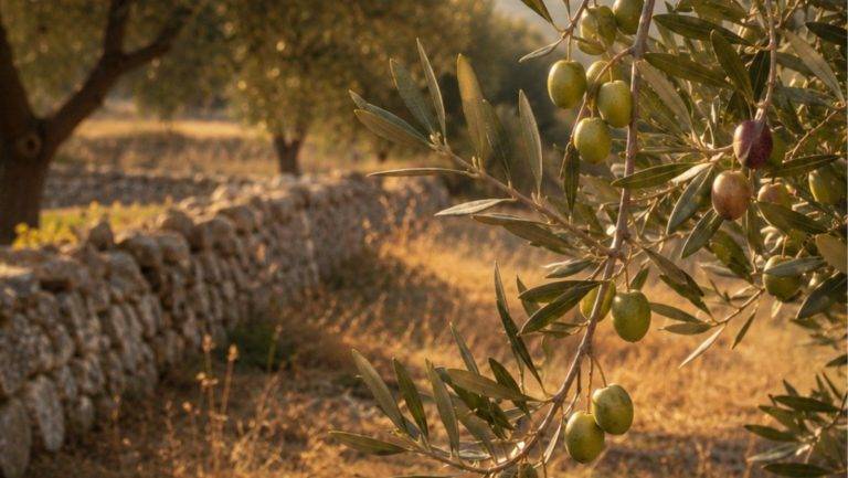 Oliveto pugliese a settembre con olive in maturazione prima della raccolta.
